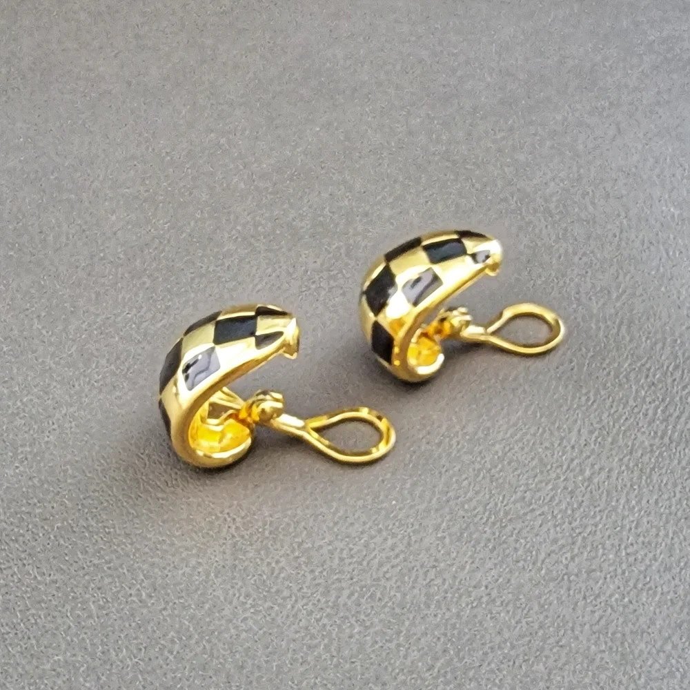 Enamel checkered half hoop clip on earrings